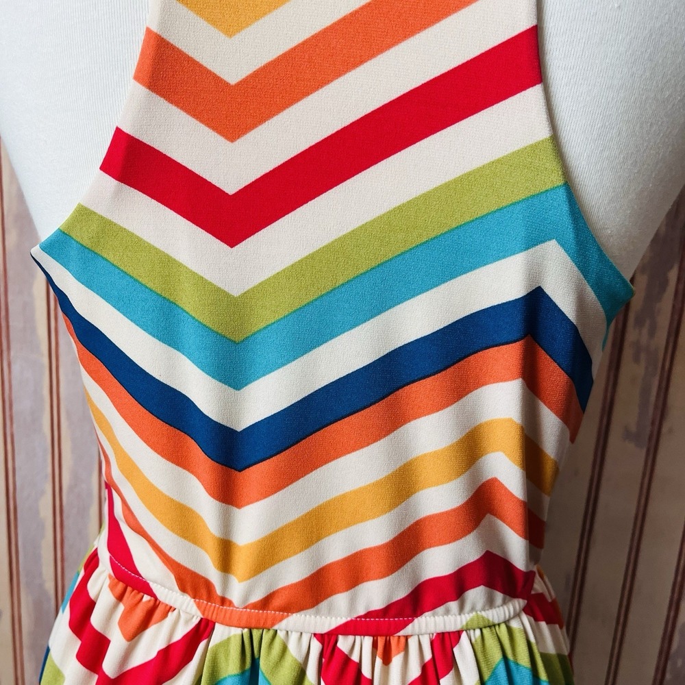 Judith March Rainbow Chevron Stripe Cowl Neck Racer Back 70's Disco Dress Size L - Picture 6 of 9